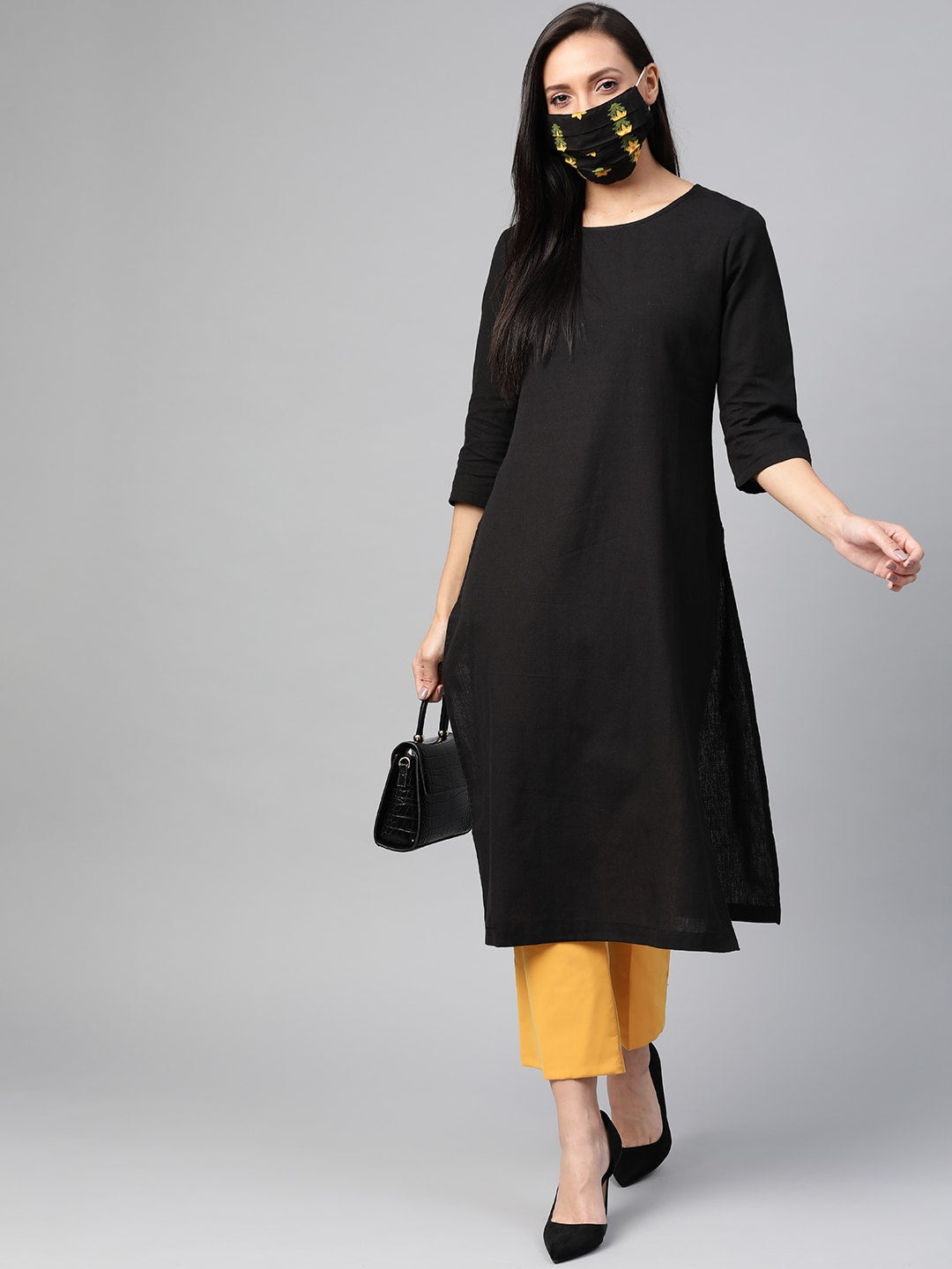 HERE&NOW Women Black Solid Straight Kurta 