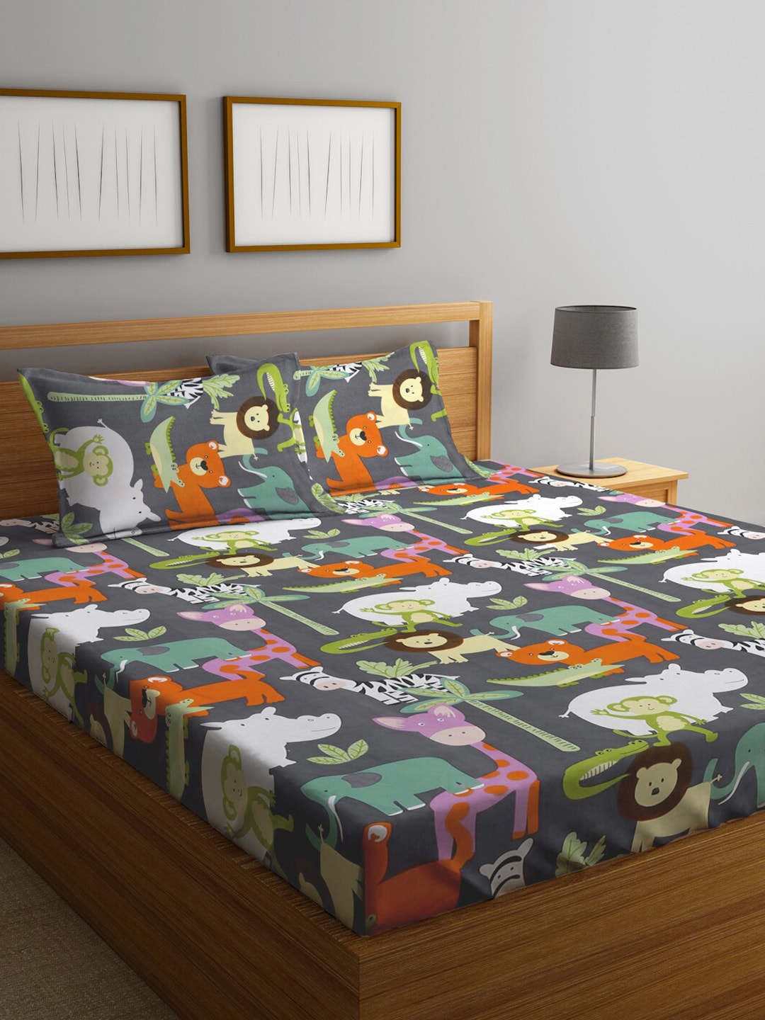 KLOTTHE Grey & Orange Cartoon Character Printed 300 TC King Bedsheet With 2 Pillow covers 