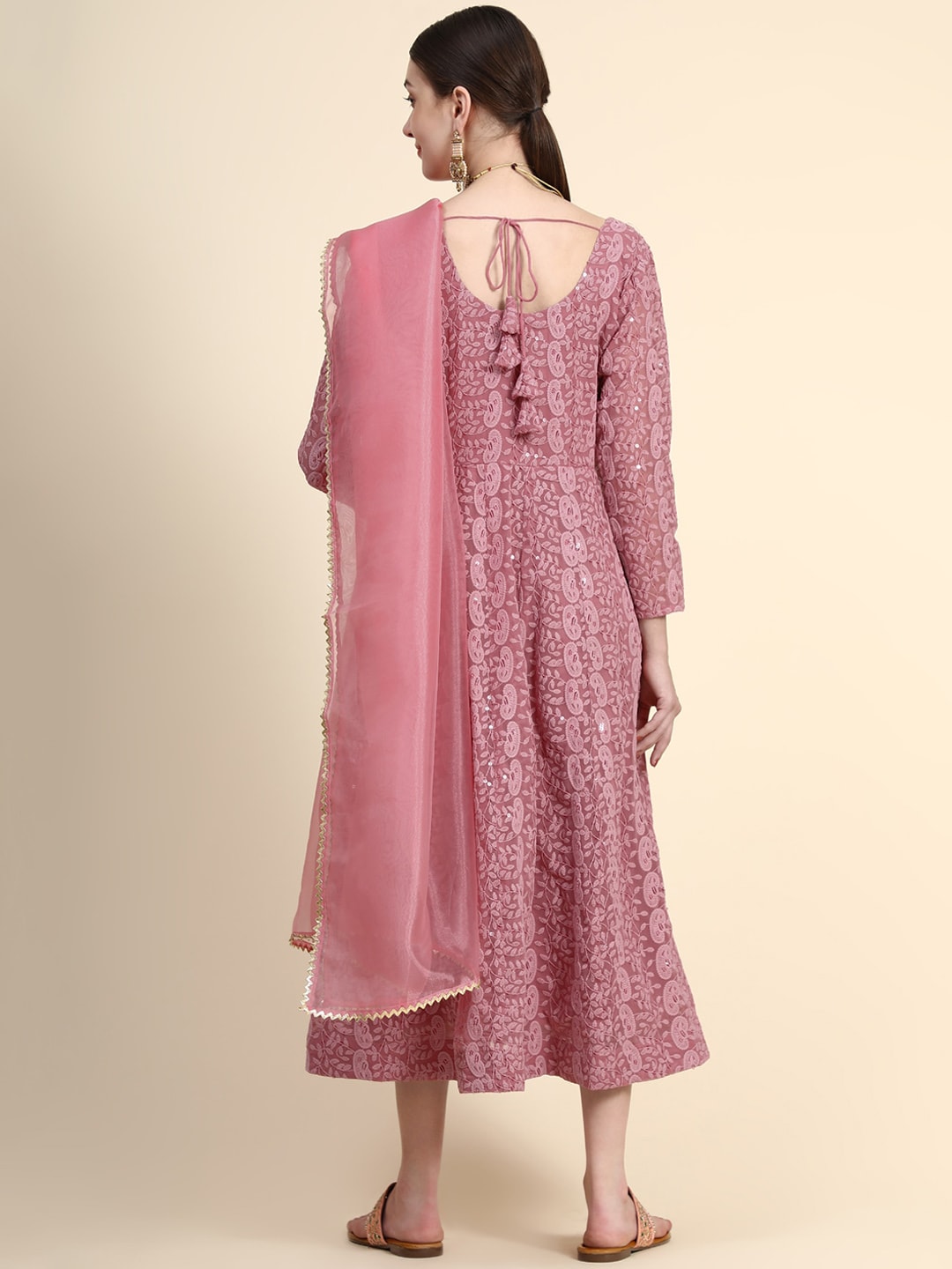 Kalini Paisley Embroidered Chikankari Georgette Anarkali Kurta With Dupatta Set 