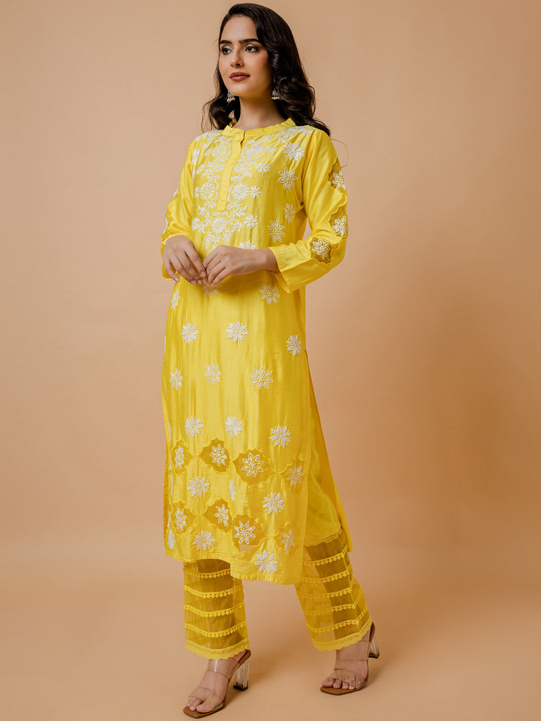 HOUSE OF KARI Floral Embroidered Chanderi Silk Chikankari Kurta 