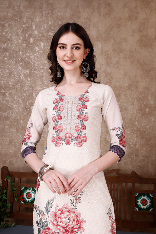 Hand Embroidered & Floral Printed Kurta With Pant & Dupatta Luxury, Multicolor - Hiral Fashion