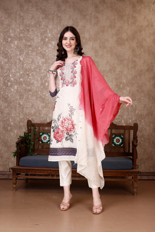 Hand Embroidered & Floral Printed Kurta With Pant & Dupatta Luxury, Multicolor - Hiral Fashion