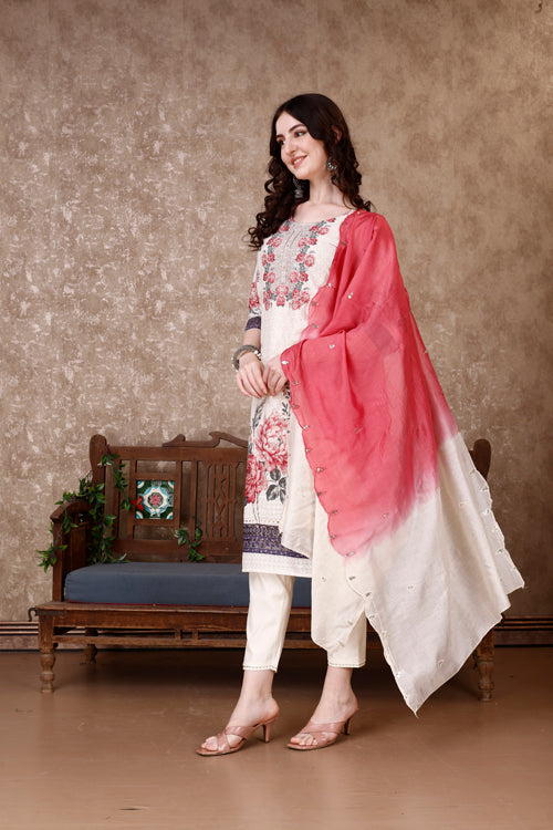 Hand Embroidered & Floral Printed Kurta With Pant & Dupatta Luxury, Multicolor - Hiral Fashion