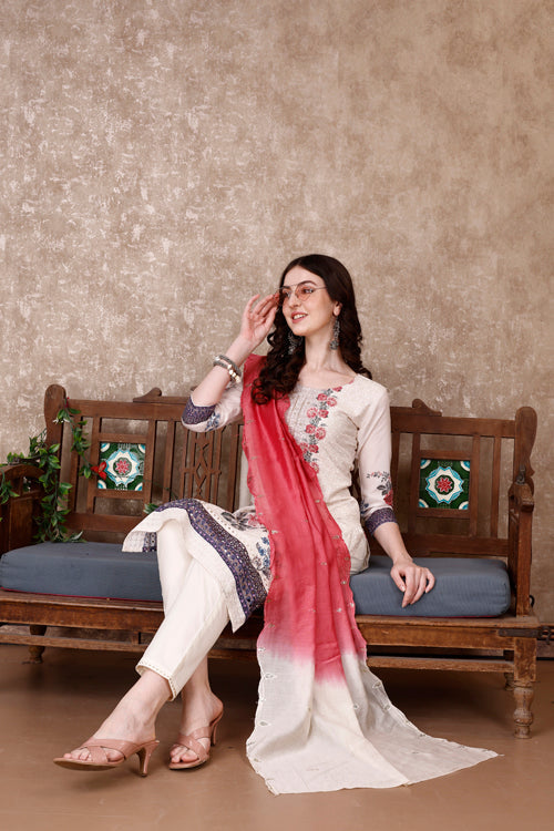 Hand Embroidered & Floral Printed Kurta With Pant & Dupatta Luxury, Multicolor - Hiral Fashion