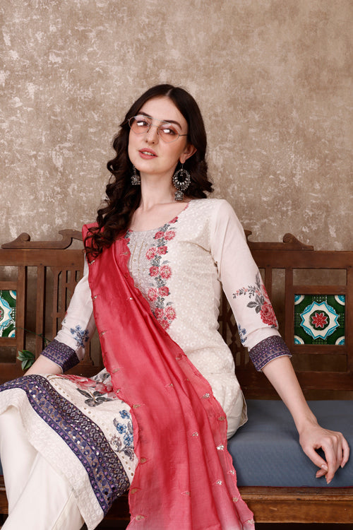 Hand Embroidered & Floral Printed Kurta With Pant & Dupatta Luxury, Multicolor - Hiral Fashion