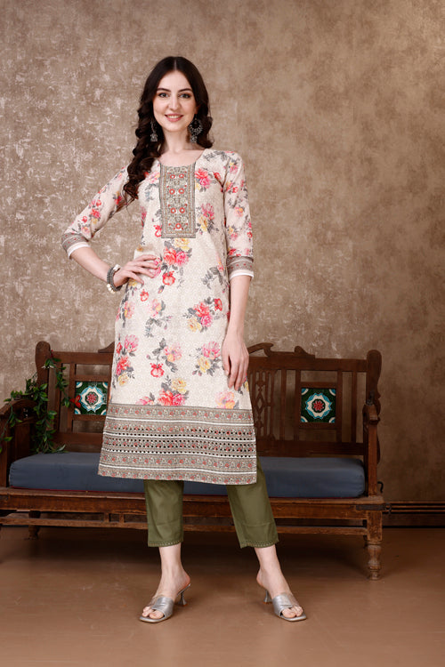 Hand Embroidered & Floral Printed Kurta With Pant & Dupatta Luxury, Multicolor - Hiral Fashion