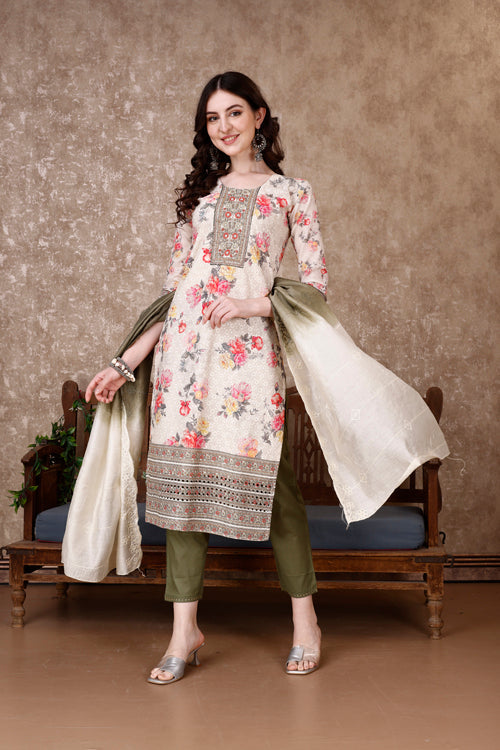 Hand Embroidered & Floral Printed Kurta With Pant & Dupatta Luxury, Multicolor - Hiral Fashion