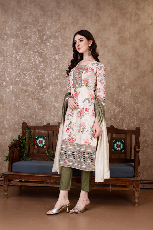 Hand Embroidered & Floral Printed Kurta With Pant & Dupatta Luxury, Multicolor - Hiral Fashion