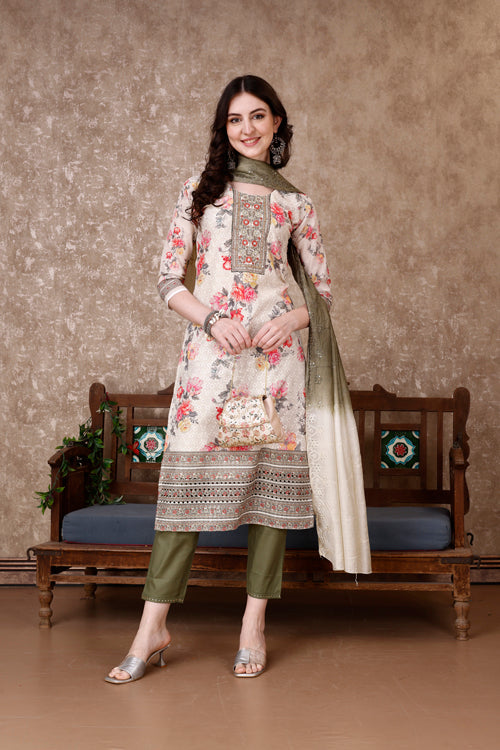 Hand Embroidered & Floral Printed Kurta With Pant & Dupatta Luxury, Multicolor - Hiral Fashion