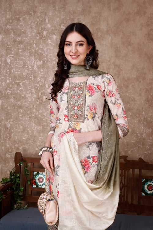 Hand Embroidered & Floral Printed Kurta With Pant & Dupatta Luxury, Multicolor - Hiral Fashion