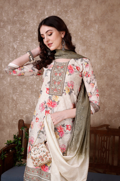 Hand Embroidered & Floral Printed Kurta With Pant & Dupatta Luxury, Multicolor - Hiral Fashion