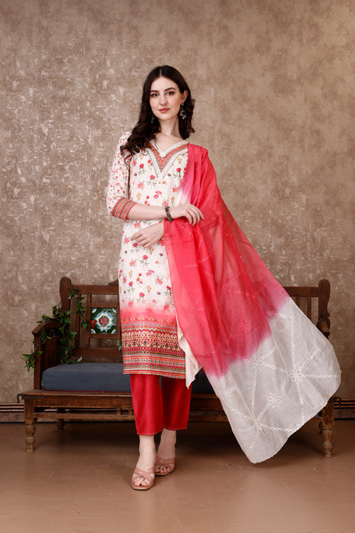 Hand Embroidered & Floral Printed Kurta With Pant & Dupatta Luxury, Multicolor - Hiral Fashion