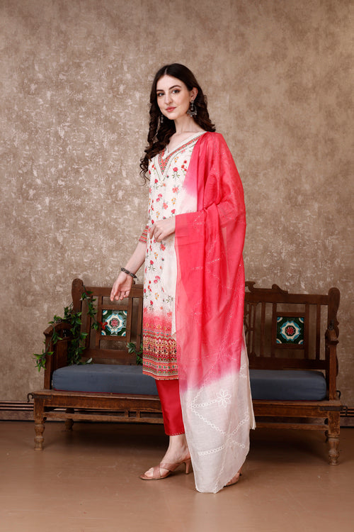 Hand Embroidered & Floral Printed Kurta With Pant & Dupatta Luxury, Multicolor - Hiral Fashion