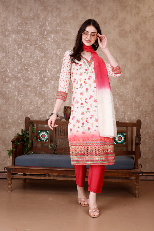 Hand Embroidered & Floral Printed Kurta With Pant & Dupatta Luxury, Multicolor - Hiral Fashion