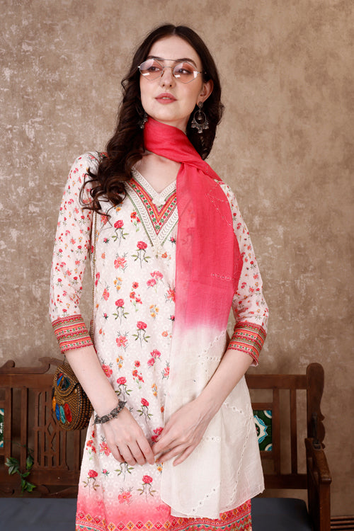 Hand Embroidered & Floral Printed Kurta With Pant & Dupatta Luxury, Multicolor - Hiral Fashion