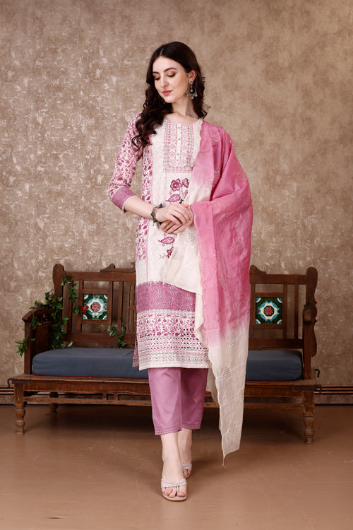 Hand Embroidered & Floral Printed Kurta With Pant & Dupatta Luxury, Multicolor - Hiral Fashion