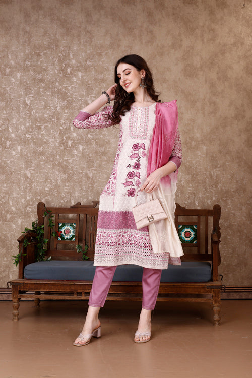 Hand Embroidered & Floral Printed Kurta With Pant & Dupatta Luxury, Multicolor - Hiral Fashion
