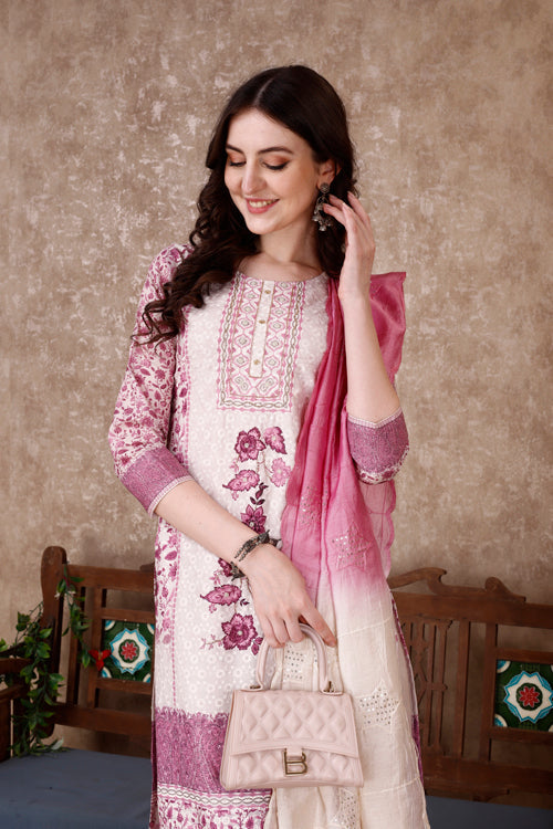 Hand Embroidered & Floral Printed Kurta With Pant & Dupatta Luxury, Multicolor - Hiral Fashion