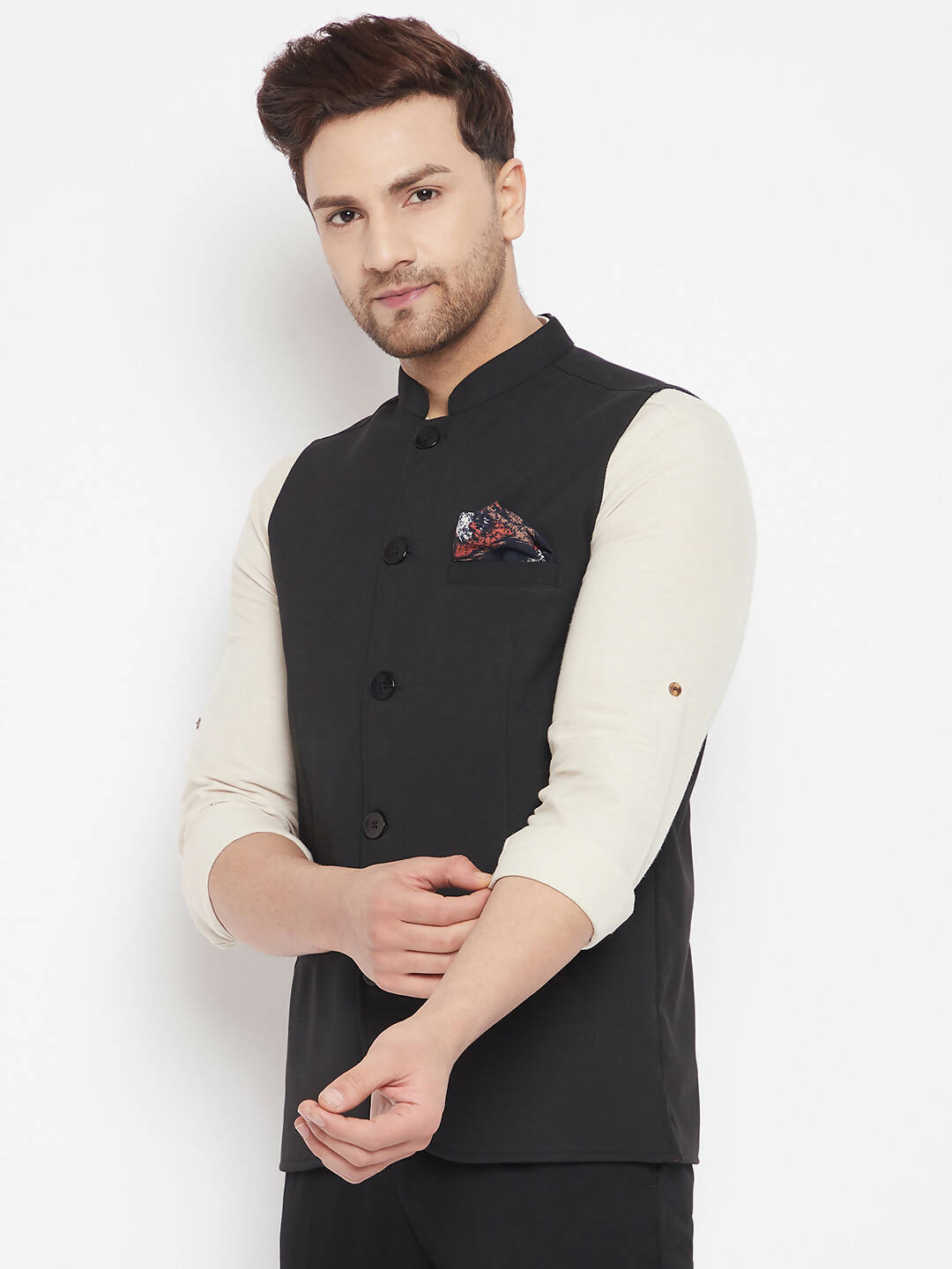 Even Apparels Black Merino Men's Nehru Jacket-Contrast Lining-Inbuilt Pocket Square 