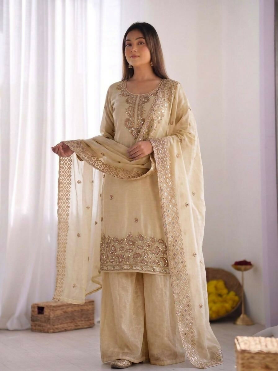 Teeya Creation Womens New Trendy Stylish Embroidery Beads Work Palazzo Kurta Set -Cream