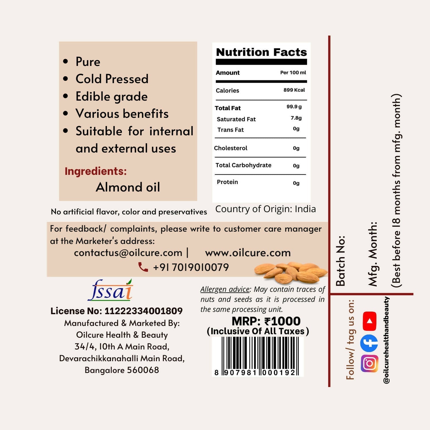 Oilcure Almond Oil Cold Pressed 