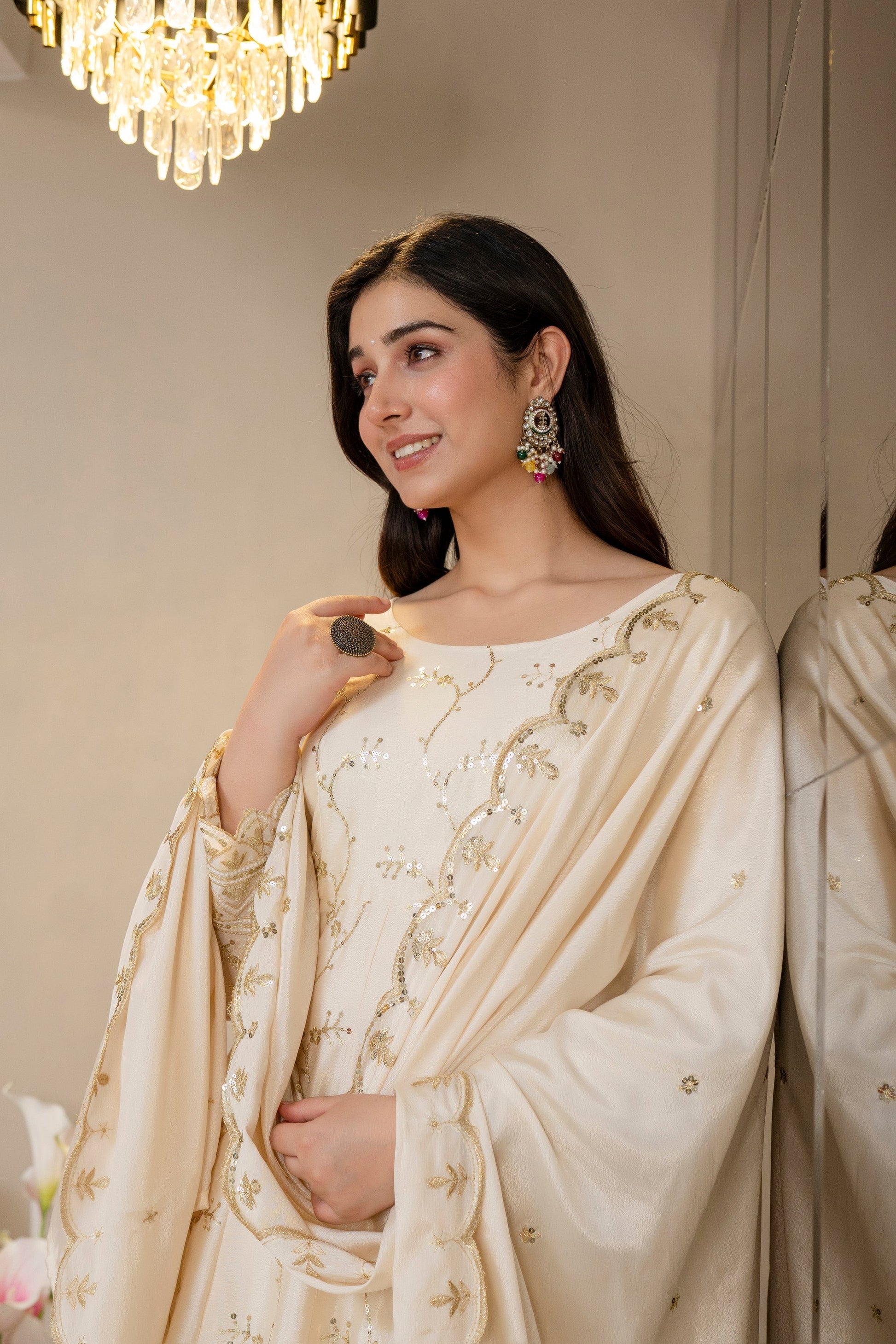 Yash Enterprise Cream Chinon Silk Party Wear Embroidery Suit Set  Grab2Buy Yash Enterprise Grab2Buy