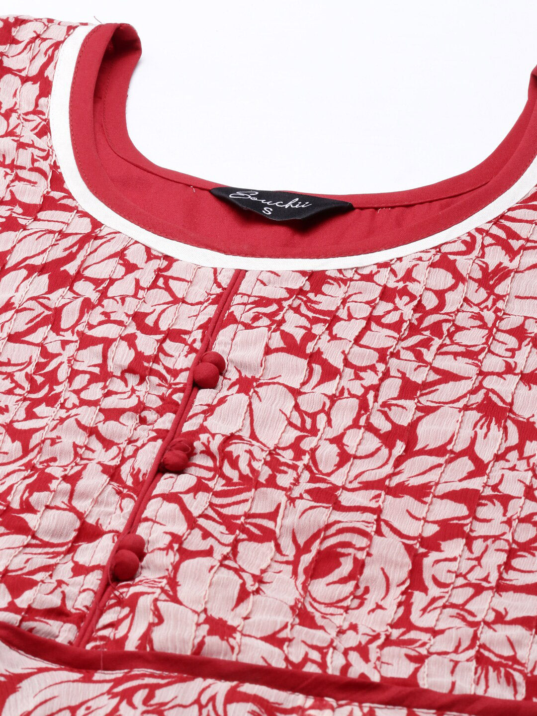 Souchii White & Red Floral Layered Chiffon Beautiful Midi Dress 