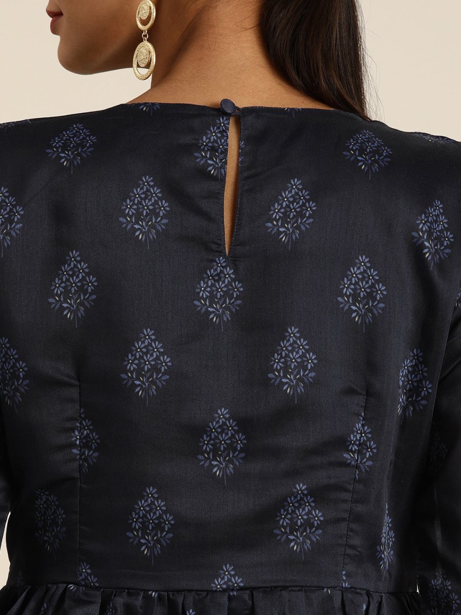 All About You Women Navy Blue Floral Printed Empire Kurta with Trousers