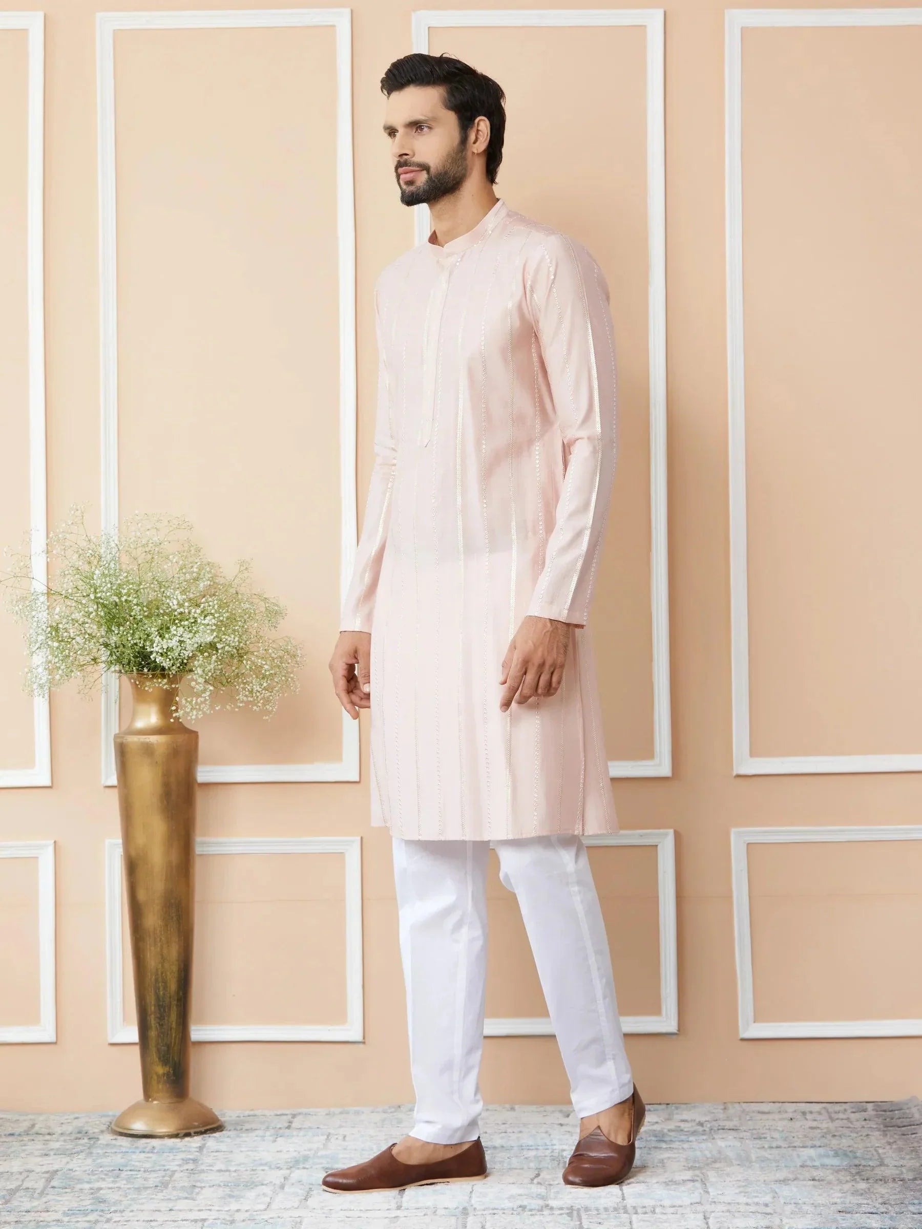 Fabmade Pink Embroidered Regular Sequinned Chanderi Silk Kurta With Pyjamas