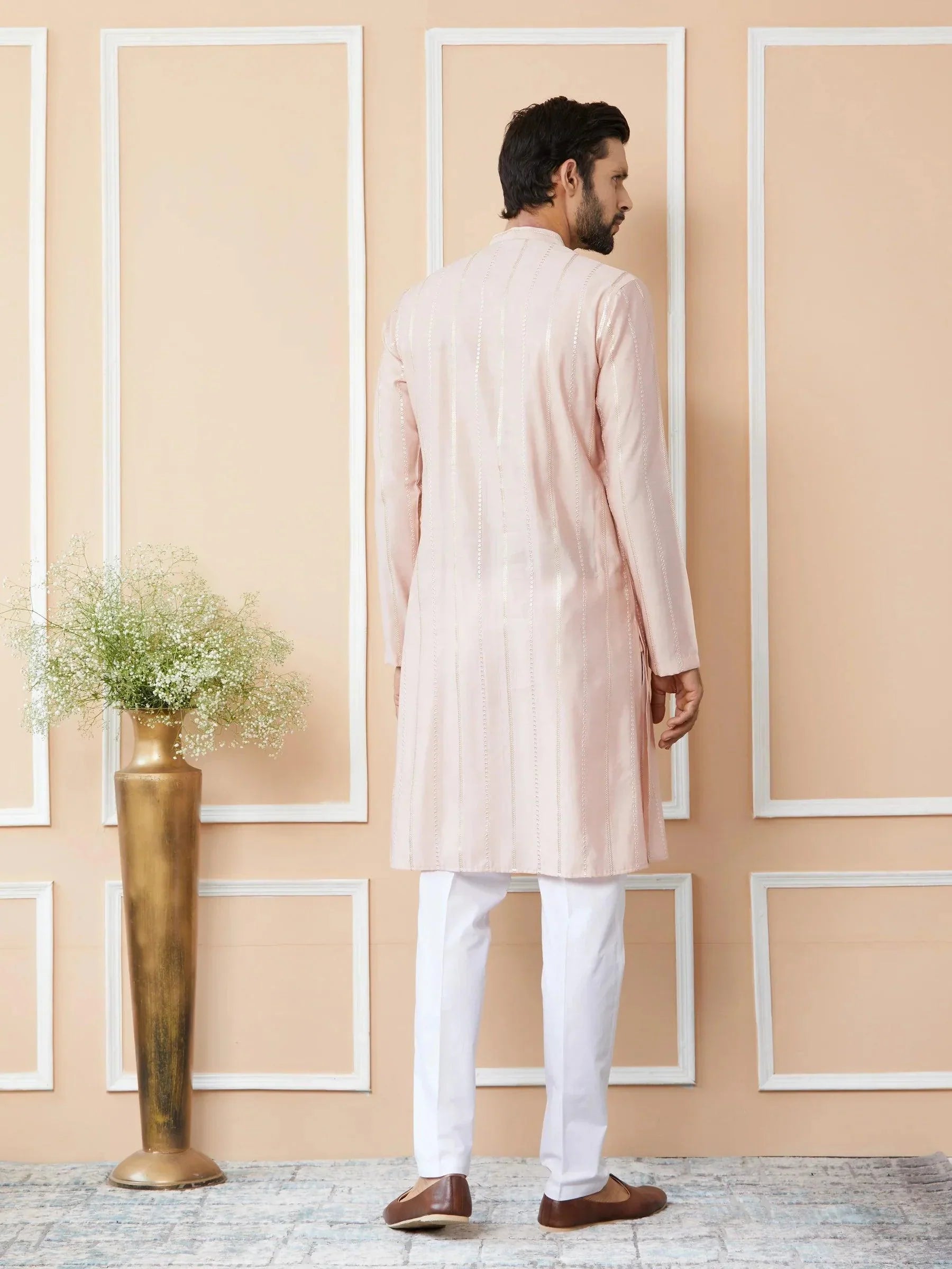 Fabmade Pink Embroidered Regular Sequinned Chanderi Silk Kurta With Pyjamas