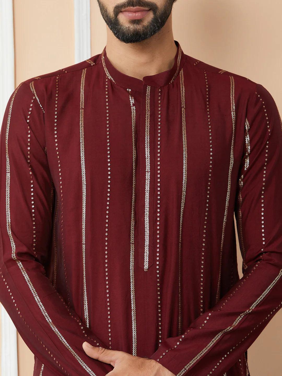 Fabmade Maroon Sequins Embroidered Pure Chanderi Silk Straight Kurta Pyjama