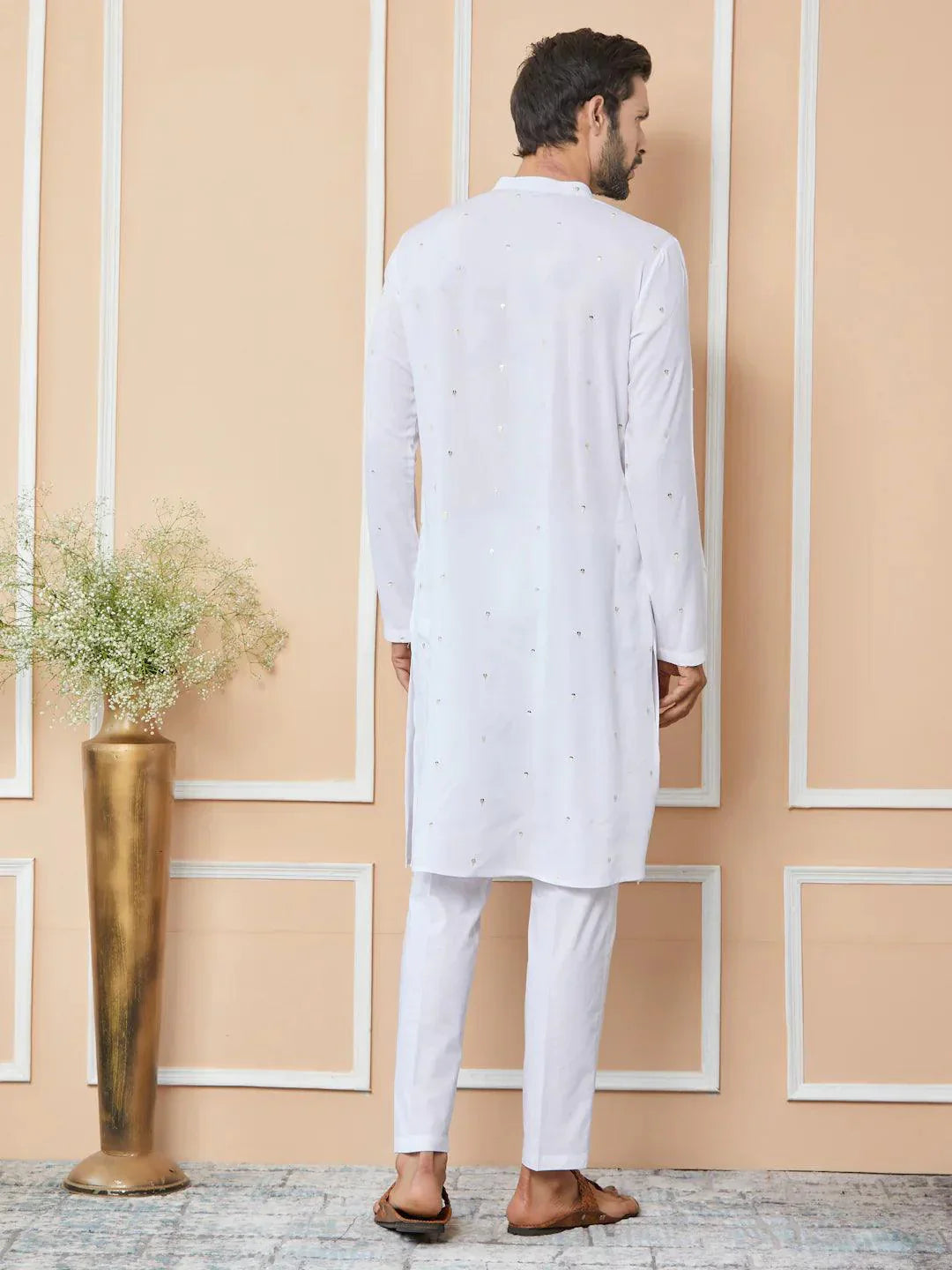 Fabmade White Sequins Embroidered Rayon Straight Kurta Pyjama With Yoke Design