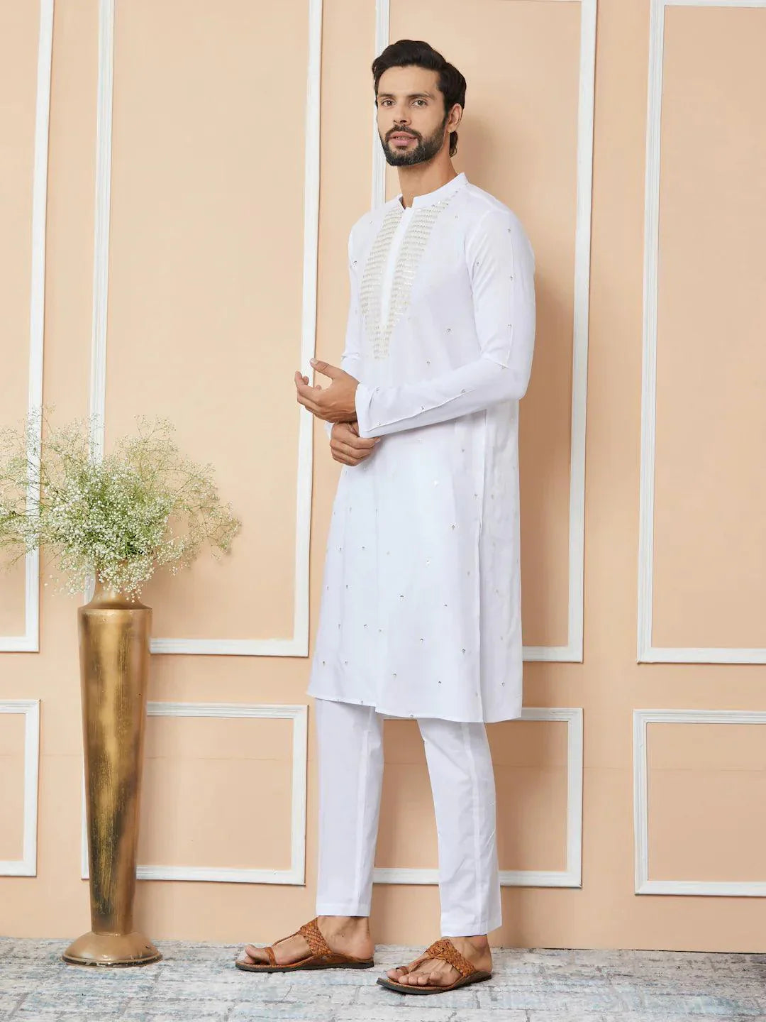 Fabmade White Sequins Embroidered Rayon Straight Kurta Pyjama With Yoke Design