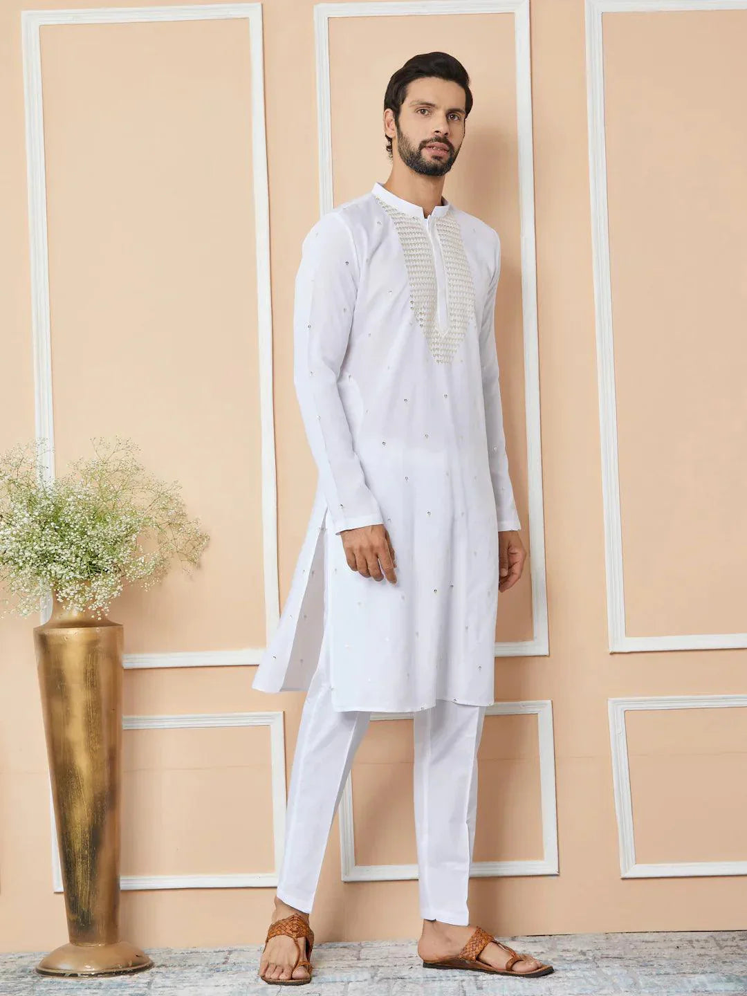 Fabmade White Sequins Embroidered Rayon Straight Kurta Pyjama With Yoke Design