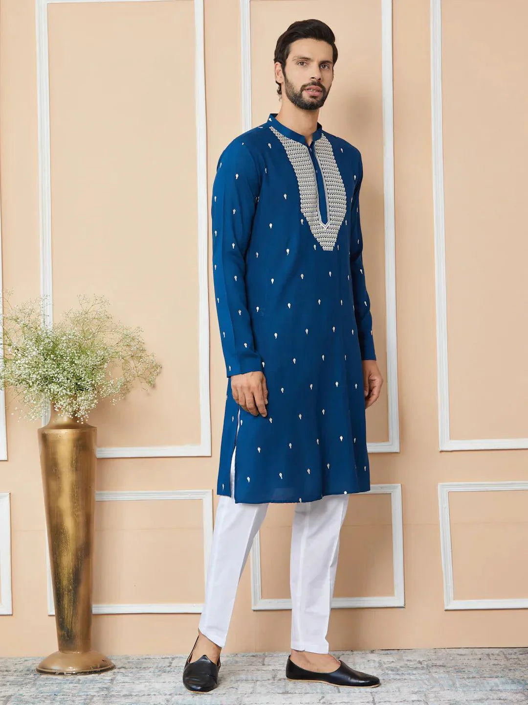 Fabmade Radiate Elegance With Our Royal Blue Sequins Embroidered Kurta Pyjama