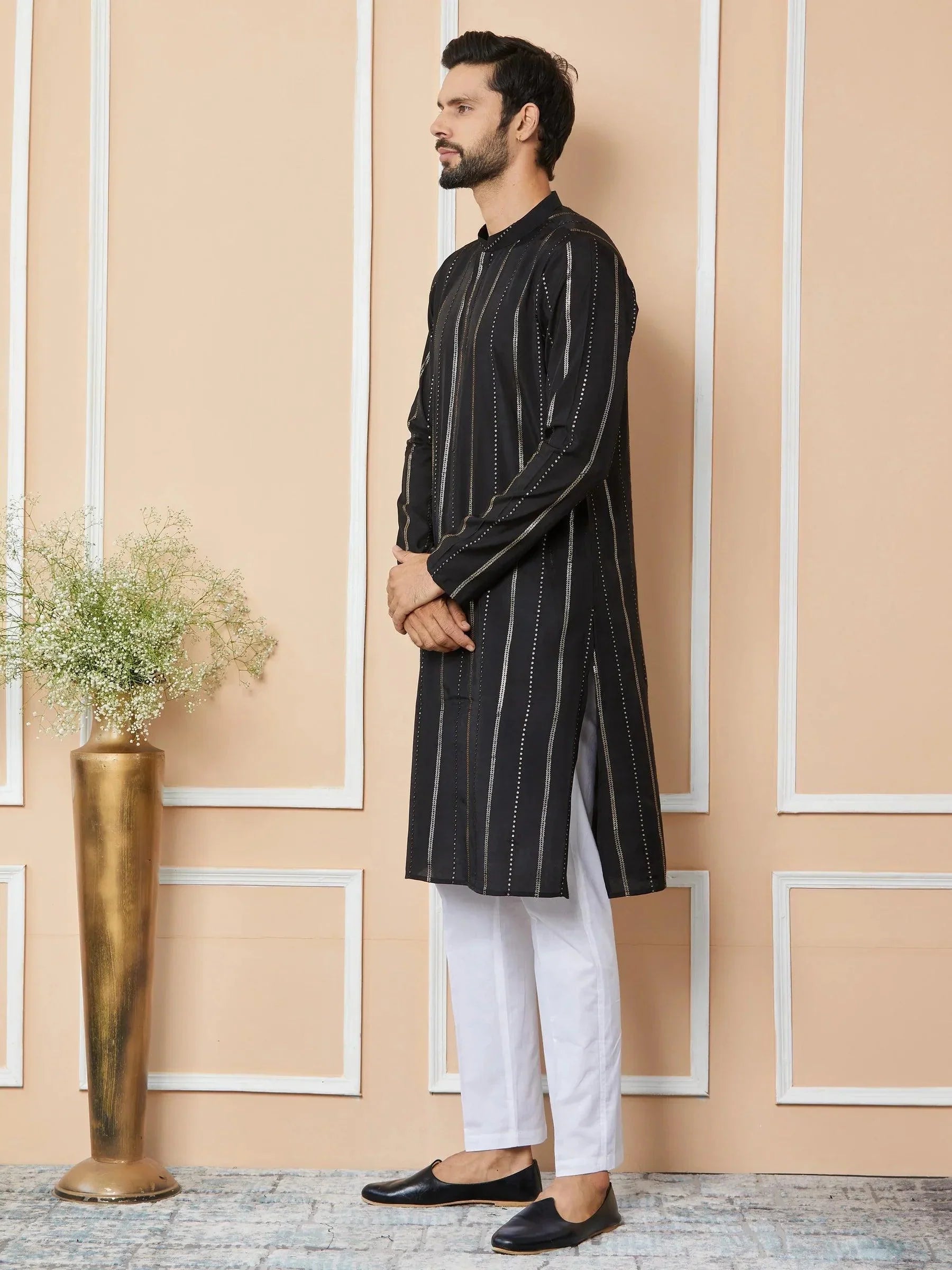 Fabmade Mandarin Collar Long Sleeves Sequined Straight Kurta Pyjama
