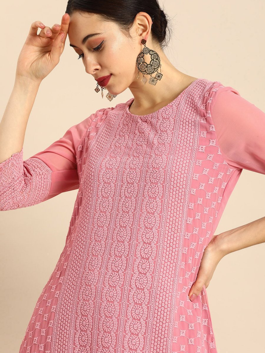 Anouk Women Pink Chikankari Embroidered Kurta with Palazzos 