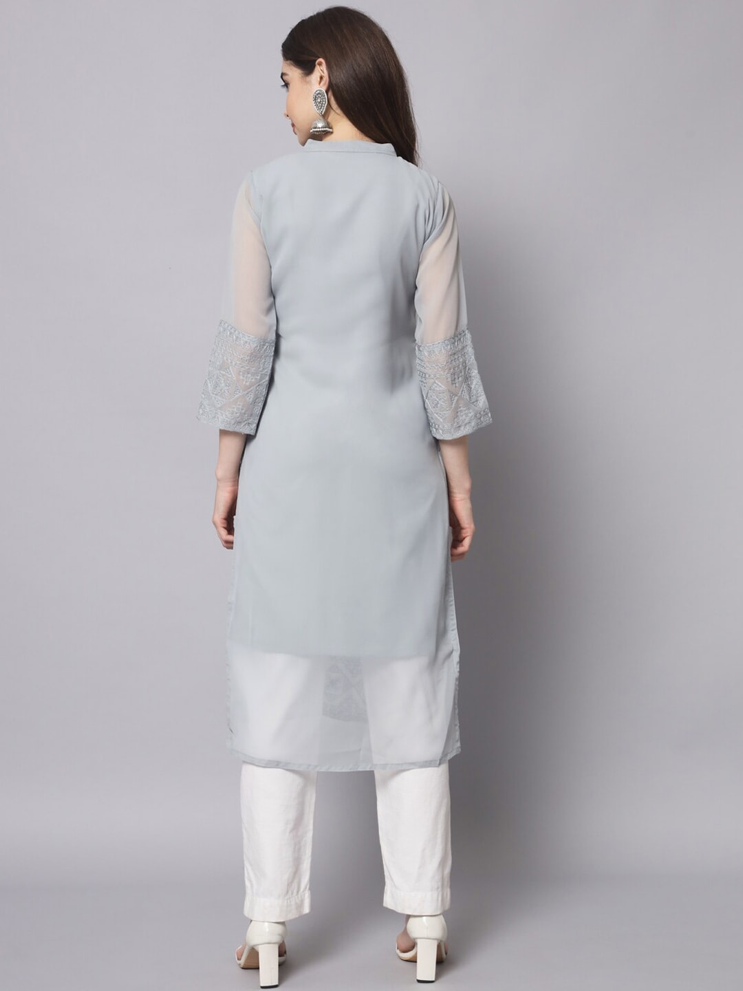 HERE&NOW Women Grey Ethnic Motifs Embroidered Thread Work Georgette Kurta