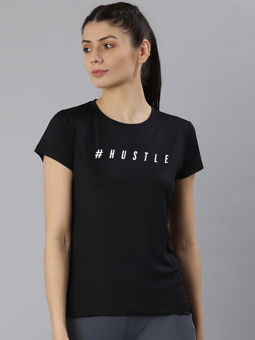 MKH Women Black Typography Printed Dri-FIT Sports T-shirt 