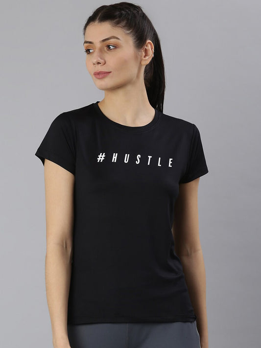 MKH Women Black Typography Printed Dri-FIT Sports T-shirt 