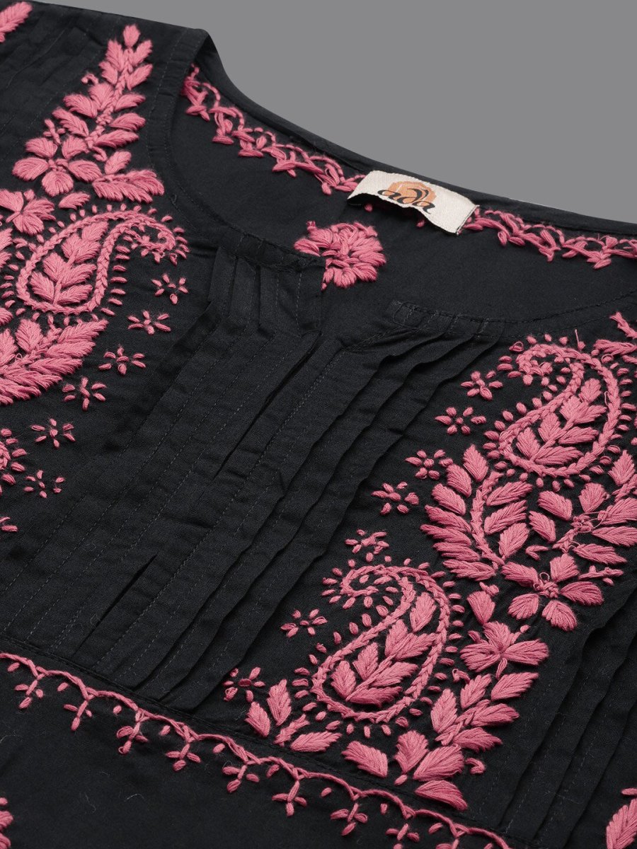 ADA Ethnic Motifs Embroidered Round Neck Chikankari Cotton Kurta 