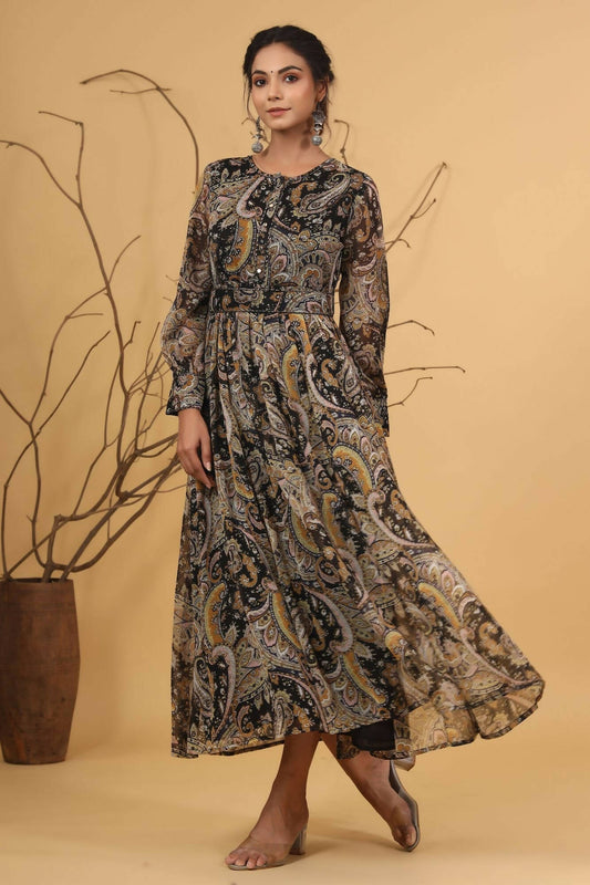 Juniper Women Black Chiffon Printed Flared Dress 