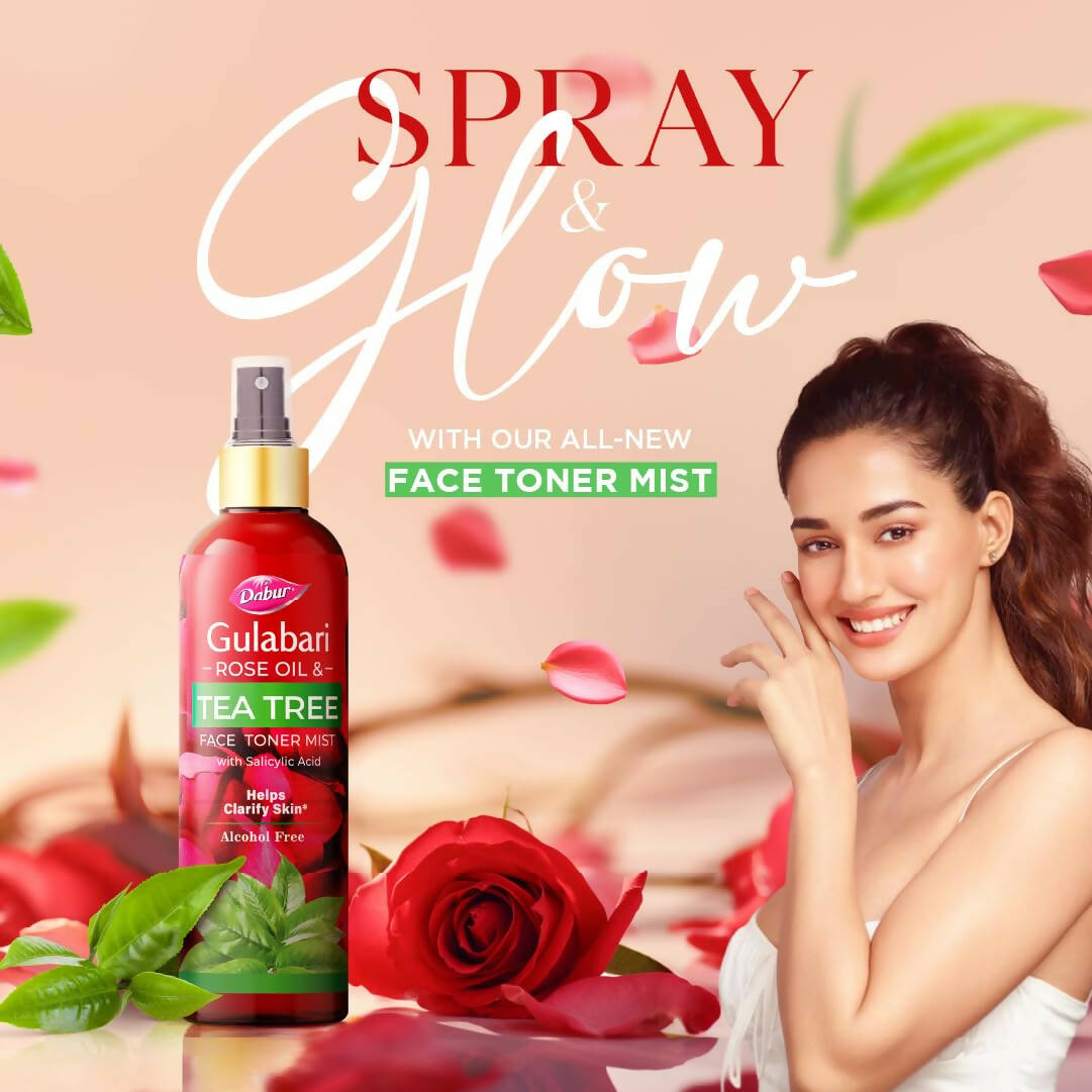 Dabur Gulabari Rose Oil & Tea Tree Face Toner Mist | Ayurvedic Toner for Pore Tightening & Glow 