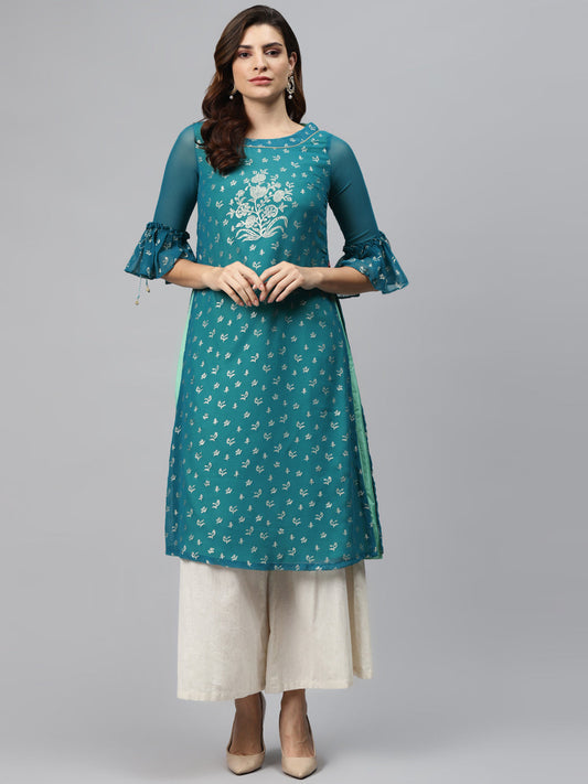 Biba Women Teal Blue & Golden Printed Straight Layered Kurta - Grab2buy
