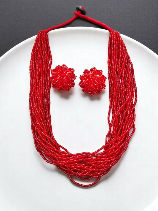Inhanns Vibrant Handmade 20 Layers Beaded Necklace With Matching Earrings - Red