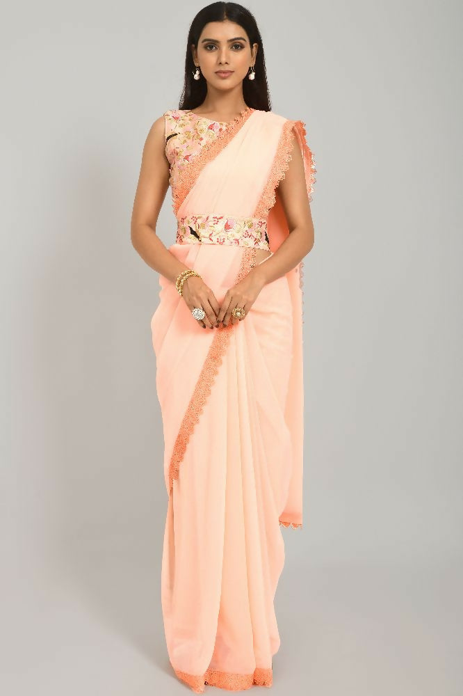 PR Fashion Peach Georgette Gpo Lace Saree