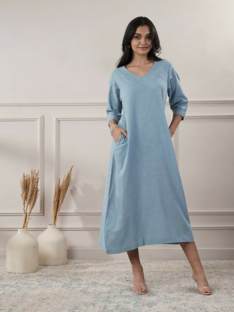 Joban Fashion Women's Smoke Blue V-Neck Dress