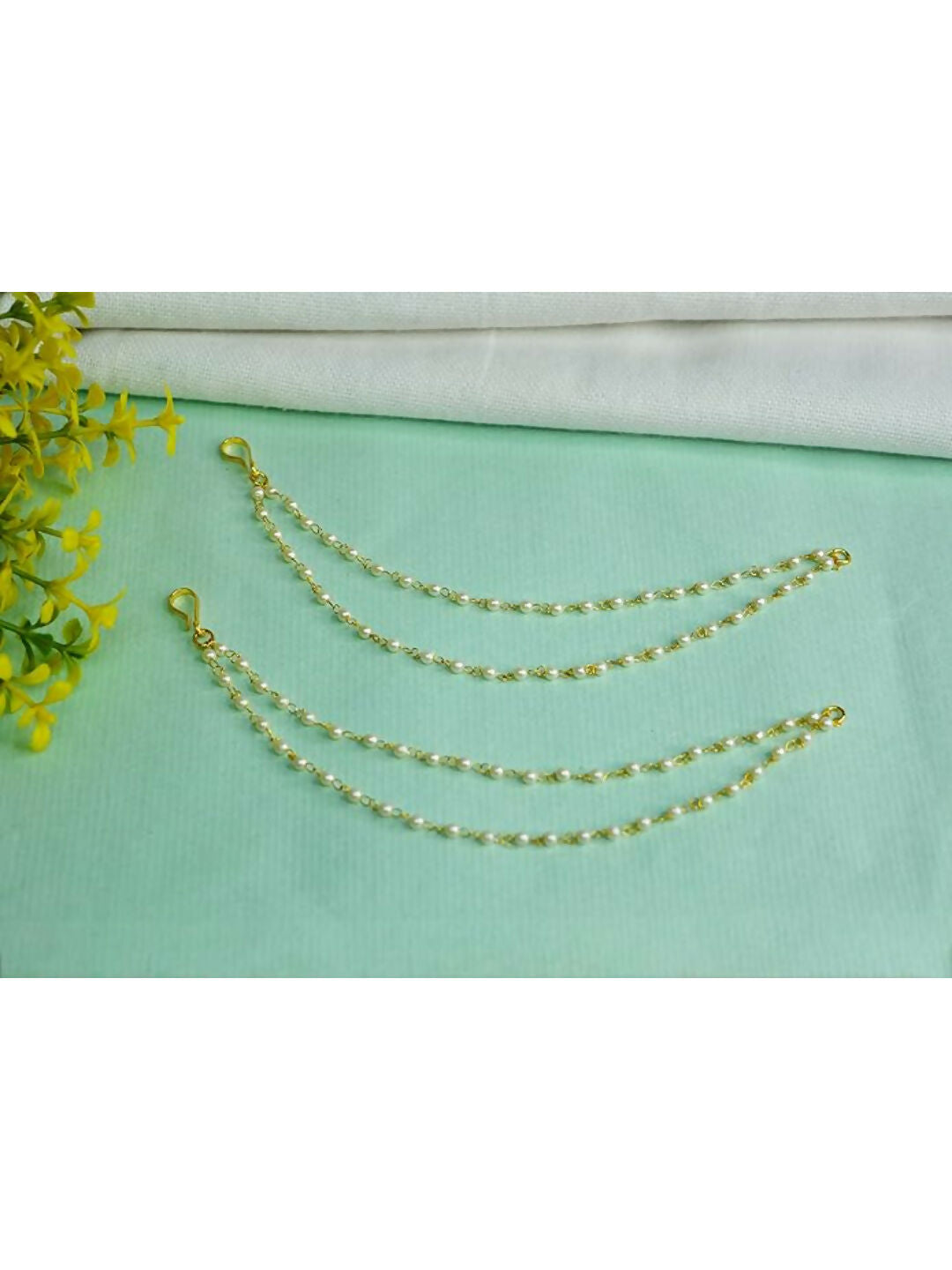 NVR Pearl Studded Classic Gold-Polished 2 Line Ear Chain Ear Cuff 