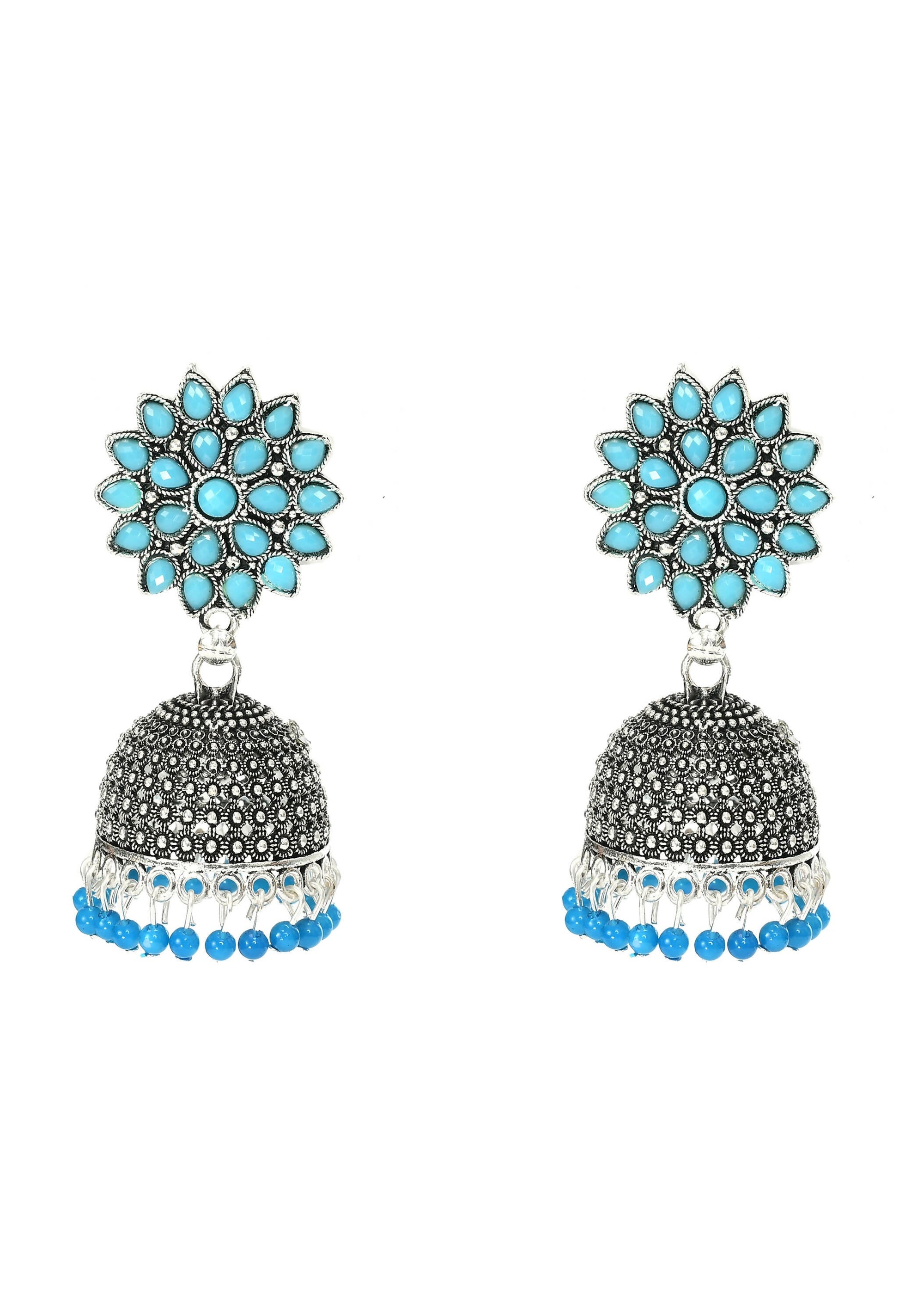 Mominos Fashion Joharkamal Kundan work Jhumka with Sky Blue Beads - Grab2buy