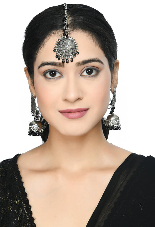 Mominos Fashion Johar Kamal Bahubali Black Beads Earrings With Tikka - Grab2buy